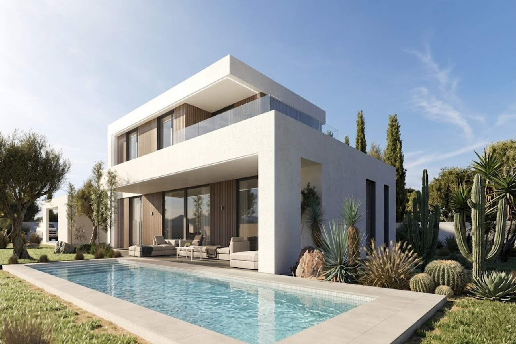 White cube home with pool